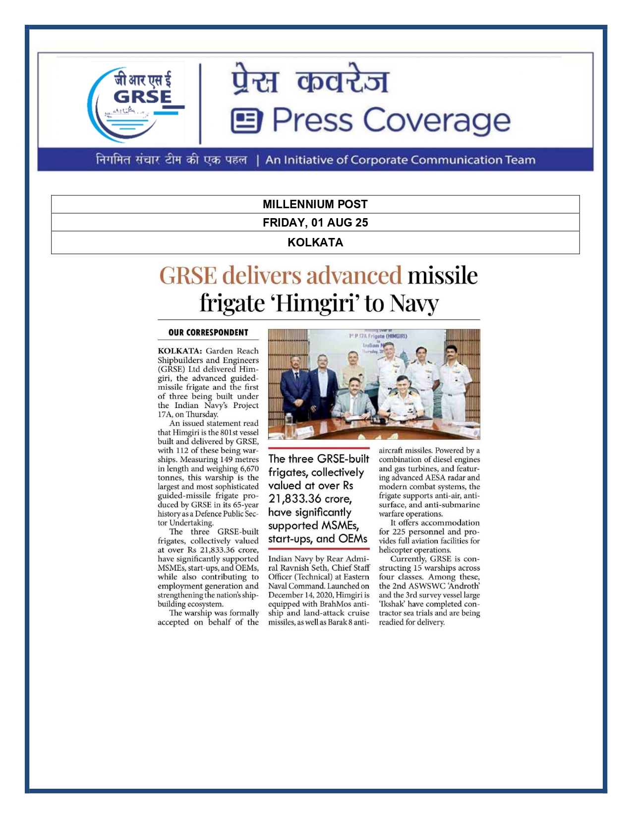 Press Coverage : 1 Aug 25:Another indigenous warship joins Navy